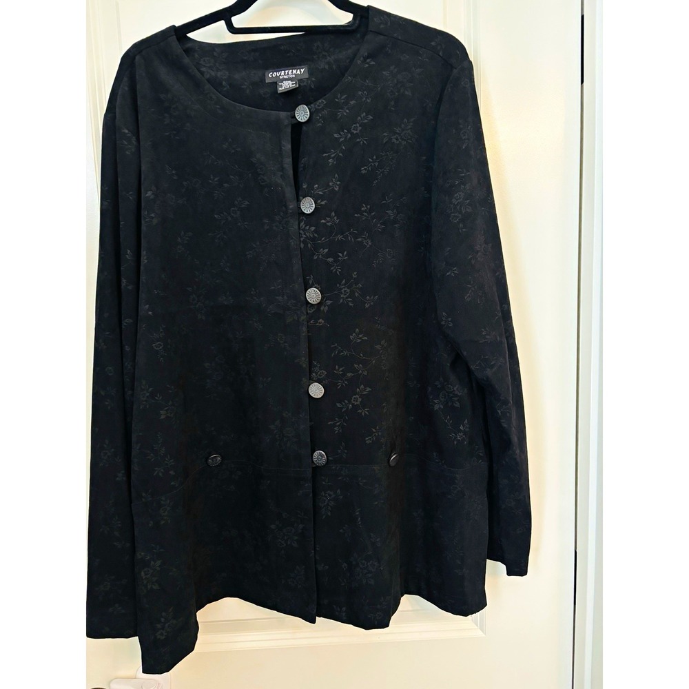 Courtenay Womens Black Floral Button Front Jacket Plus Size 20W jacquard like